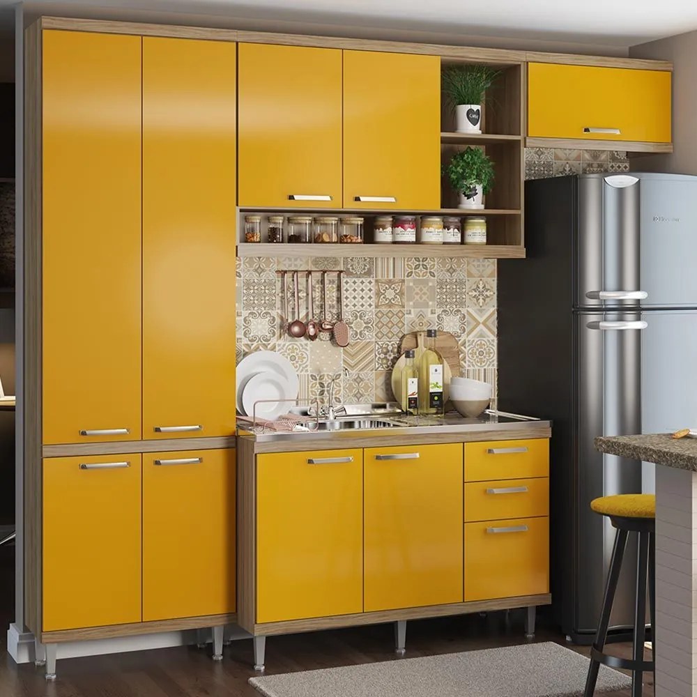 Cozinha Compacta 9 Portas Com Balcão para Pia 5840 Amarelo/Argila - Multimóveis