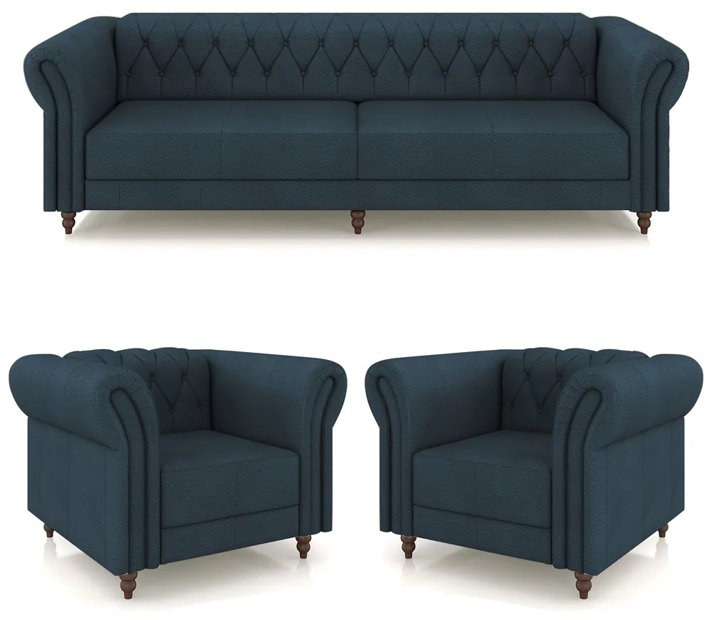 Conjunto Sala de Estar 1 Sofá Living 260cm e 2 Poltronas Stanford Chesterfield Pés Madeira Couro Azul Marinho G58 - Gran Belo