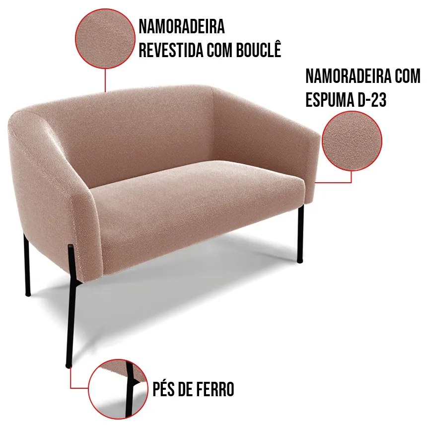 Sofá 2 Lugares Namoradeira Pé de Ferro Preto Stella Bouclê D03 - D'Rossi - Rose