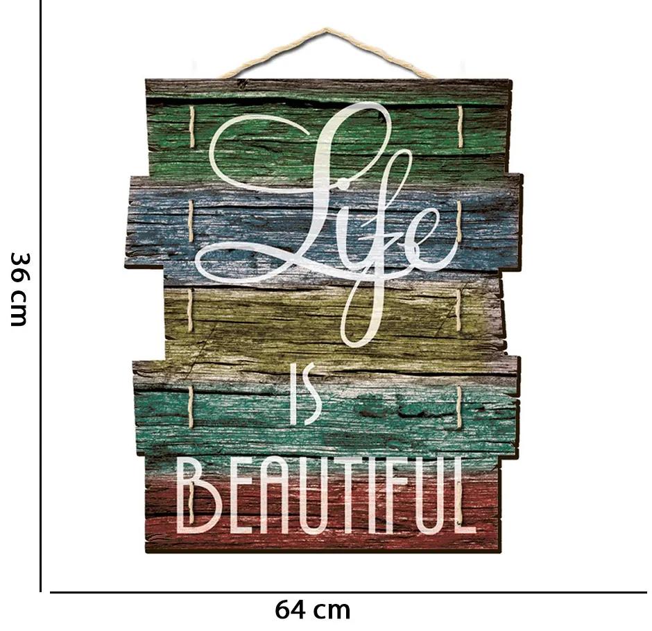 Quadro Placa Decorativa Madeira Frase "Life is Beautiful"36x64 cm - D'Rossi