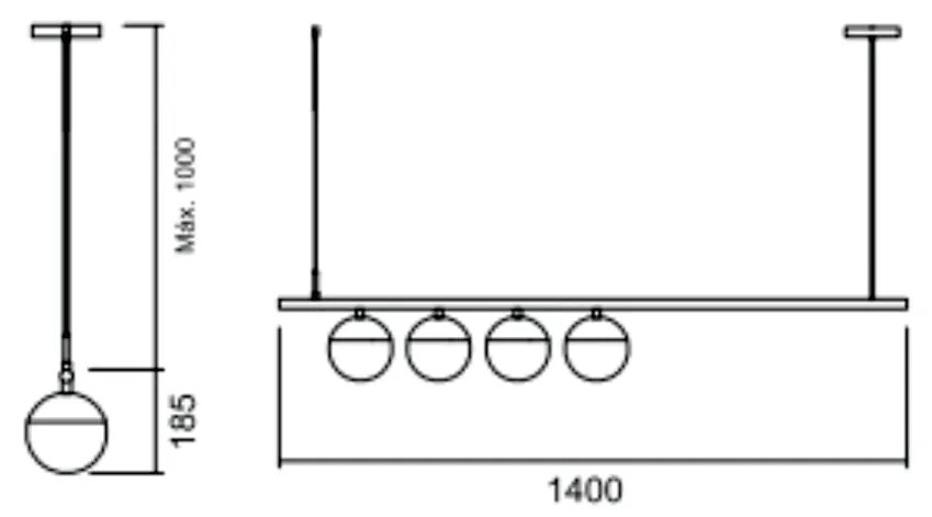 Pendente Snooker C/ 4 Globos Assimetricos 140Cm 4L E27 Mini Bulbo / Me... (CP-M - Champagne Metálico, AMBAR)