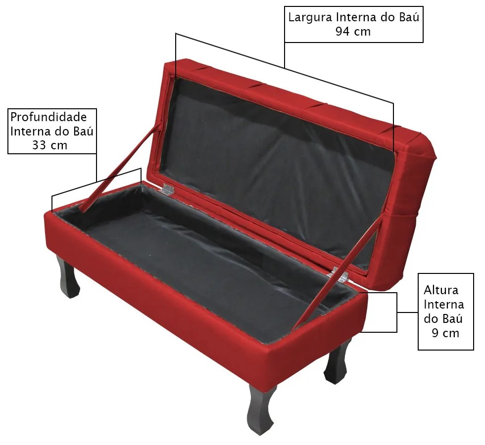 Puff Baú Retangular Retrô 100 cm Luiz XV Tabaco Corino Vermelho