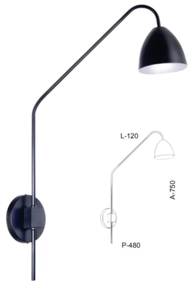 Arandela Haste Articulada Cúpula Aluminio 12X48X75Cm Metal 01Xe27 |Old... (PRETO)