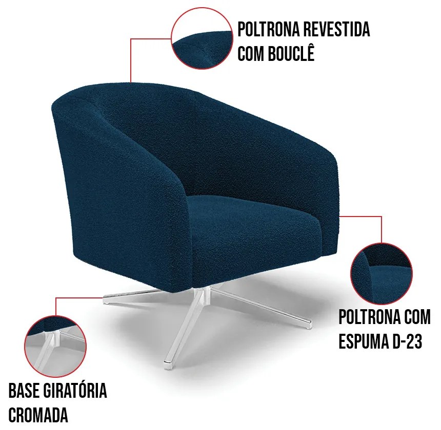 Poltrona Decorativa Giratória Cromada Kit 2 Stella Bouclê Azul D03 - D'Rossi