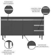 Balcão Gabinete com Pia Inox 150cm Andréia 3 Portas Cinza – AJL Móveis