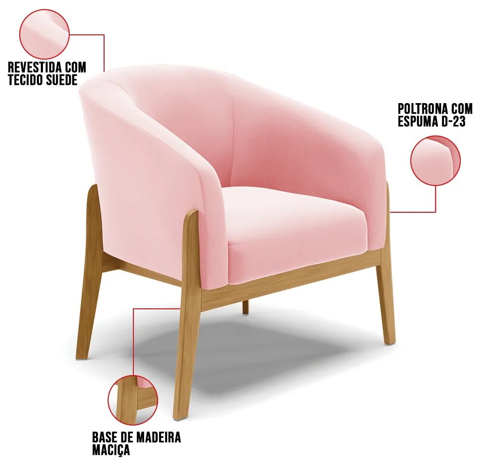 Cadeira Sala de Jantar Base de Madeira Stella Suede D03 - D'Rossi - Rosa Bebê