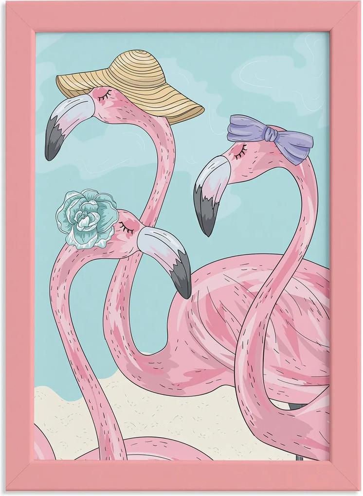 Quadro Flamingo Chapéu Moldura Rosa 22x32cm