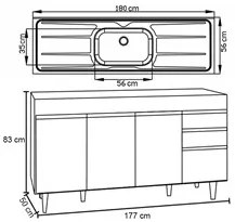 Balcão Gabinete Com Pia 180cm Dallas Preto/Cinza - Lumil