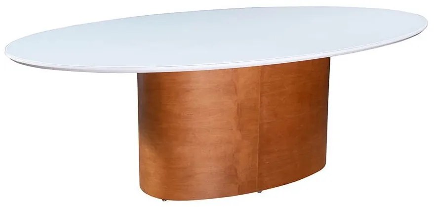 Mesa de Jantar Rhenne Oval Tampo Laca com Vidro Base Madeira