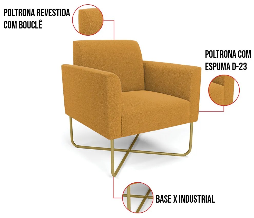 Poltrona Sala Base X Industrial Dourado Marisa Bouclê Mostarda D03 - D'Rossi