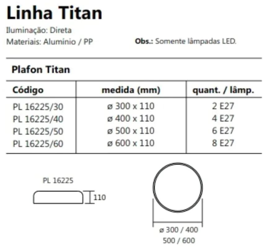 Plafon Titan Ø40X11Cm 4Xe27 Com Difusor Plano | Usina 16225/40 (BT - Branco Texturizado)