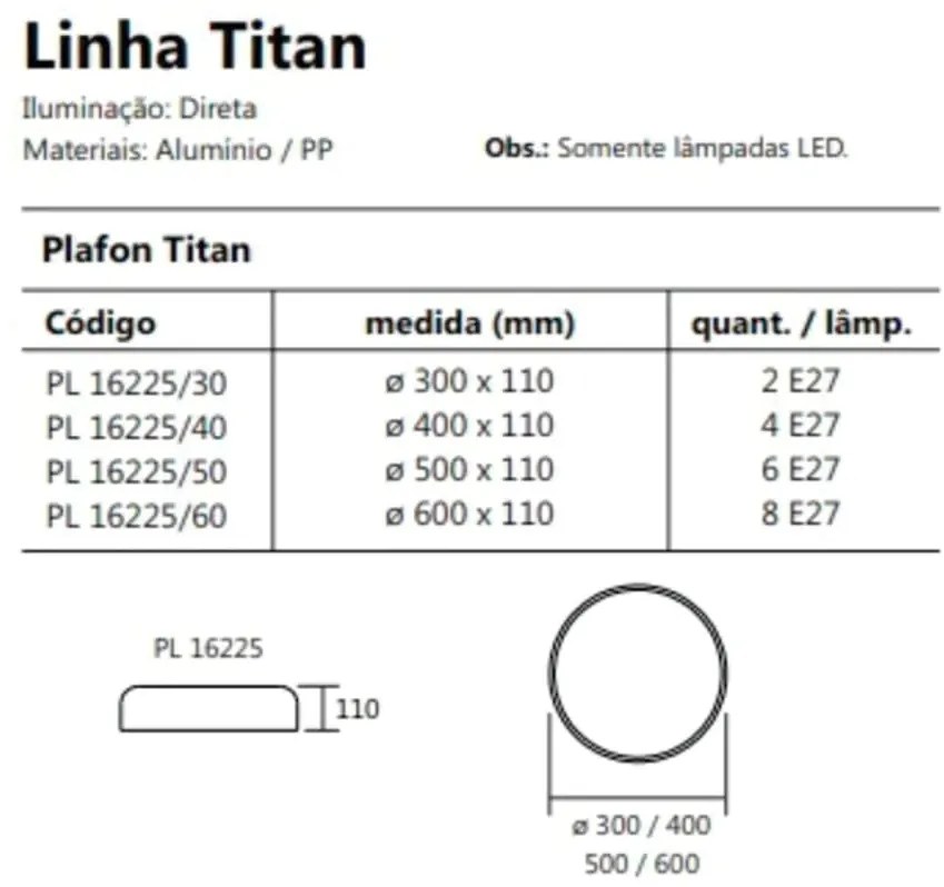 Plafon Titan Ø40X11Cm 4Xe27 Com Difusor Plano | Usina 16225/40 (MT-M Mate Metálico)