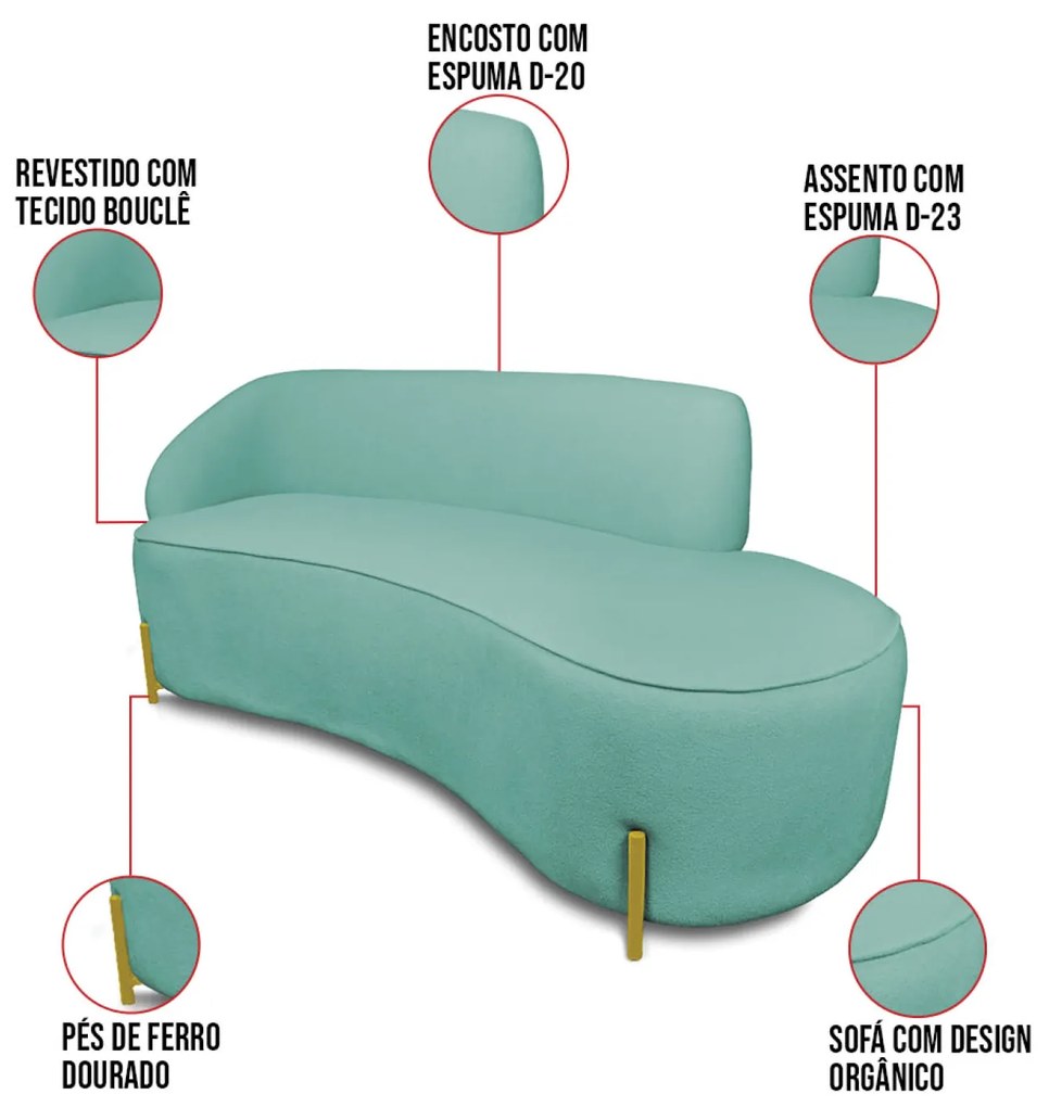 Sofá 3 Lugares Orgânico 180cm Pé Dourado Morgan Bouclê D03 - D'Rossi - Verde Menta