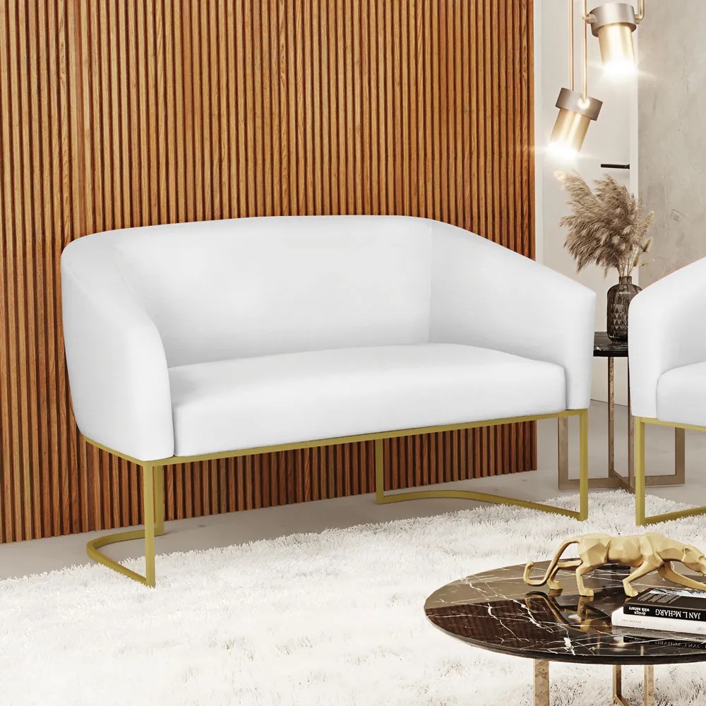 Sofá 2 Lugares Namoradeira Industrial Dourado Stella Sintético D03 - D'Rossi - Branco