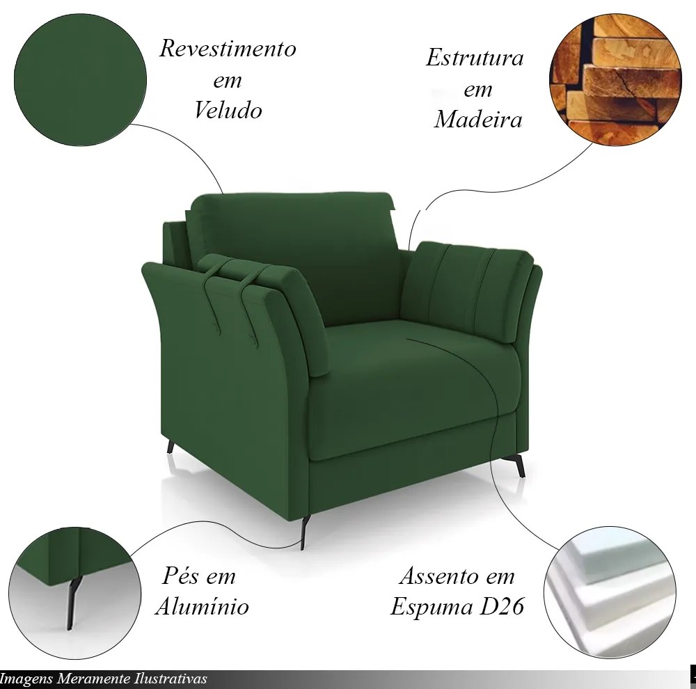 Poltrona Decorativa Violet Pés em Alumínio Preto Veludo Verde G45 - Gran Belo