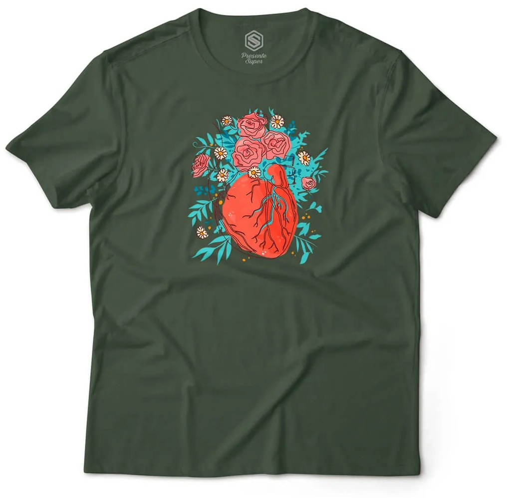 Camiseta Unissex Coração Florido de Amor - Verde Musgo - M