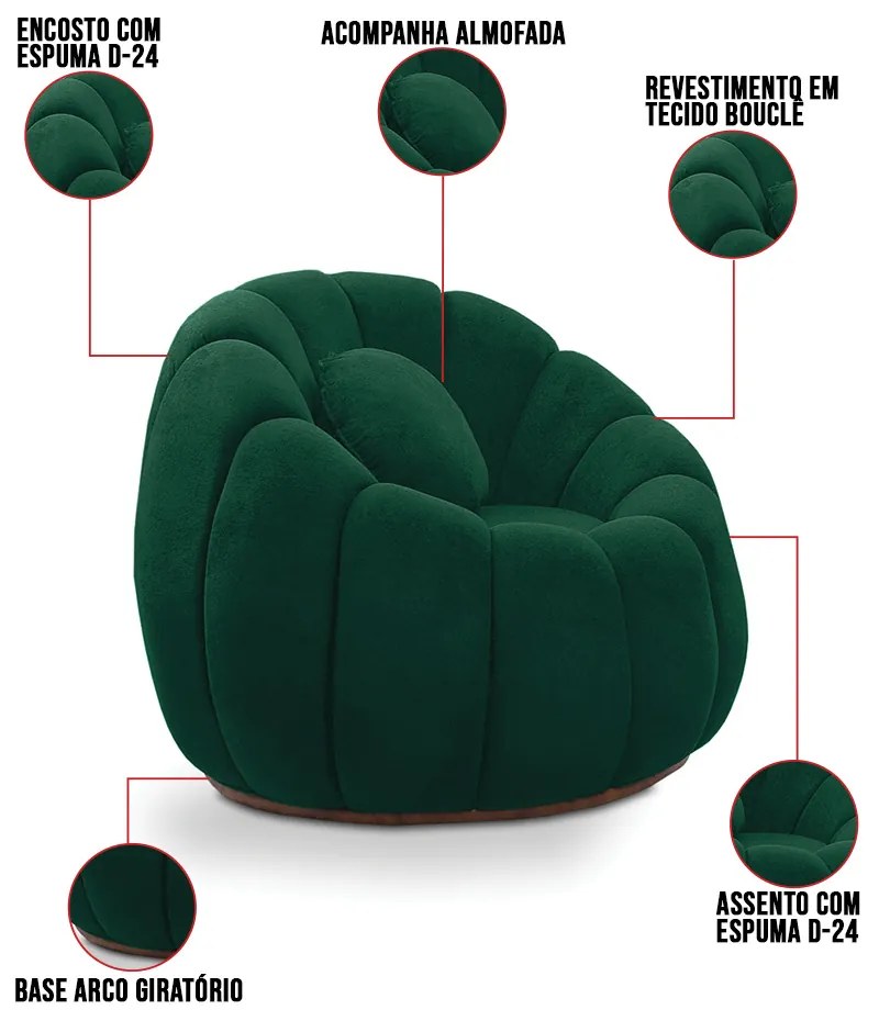 Sofá 2 Lugares com Puff e Poltrona Giratória Orgânica Cloud Bouclê Verde E03 - D'Rossi