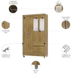 Guarda Roupa Solteiro 103cm Com Espelho Mayra Nature V02 - Mpozenato