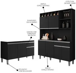 Cozinha Compacta Alice e Balcão Gabinete Sem Tampo Tatiane 120cm Preto