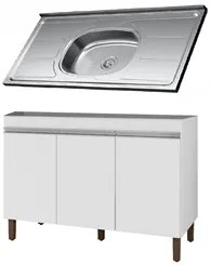 Balcão Gabinete Com Pia 120cm 3 Portas Karen P14 Branco - Mpozenato