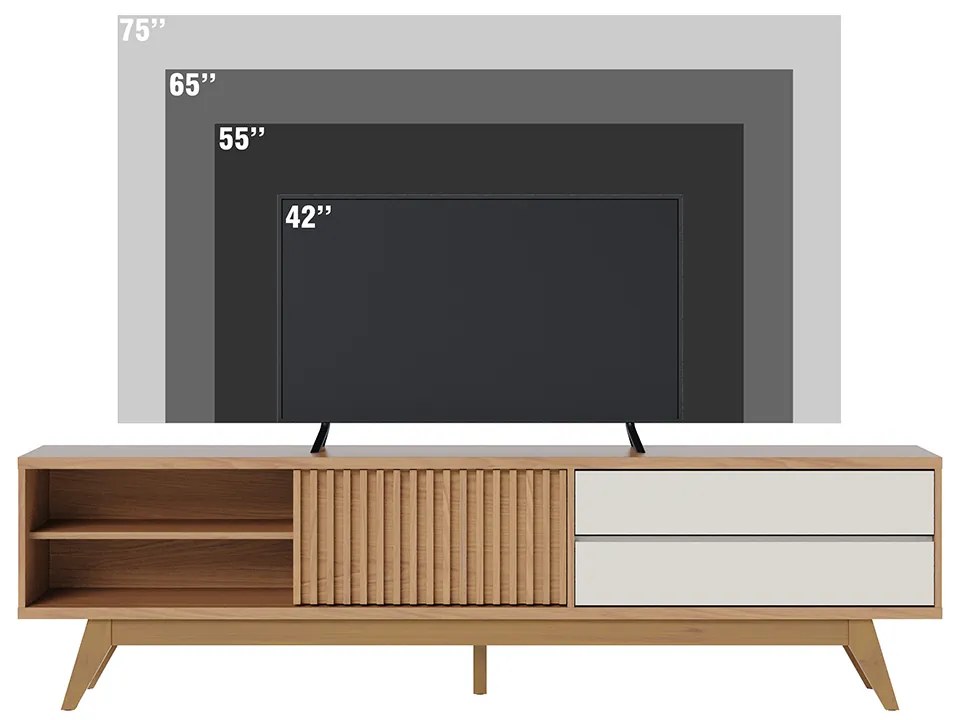 Bancada TV Sala de Estar Genebra portas ripadas duas gavetas pés em madeira Freijó/Off White G73 - Gran Belo