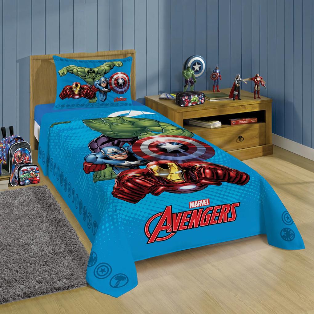 Jogo de Cama Solteiro Estampado Avengers 1,50 m x 2,10 m Com 3 peças Lepper Azul