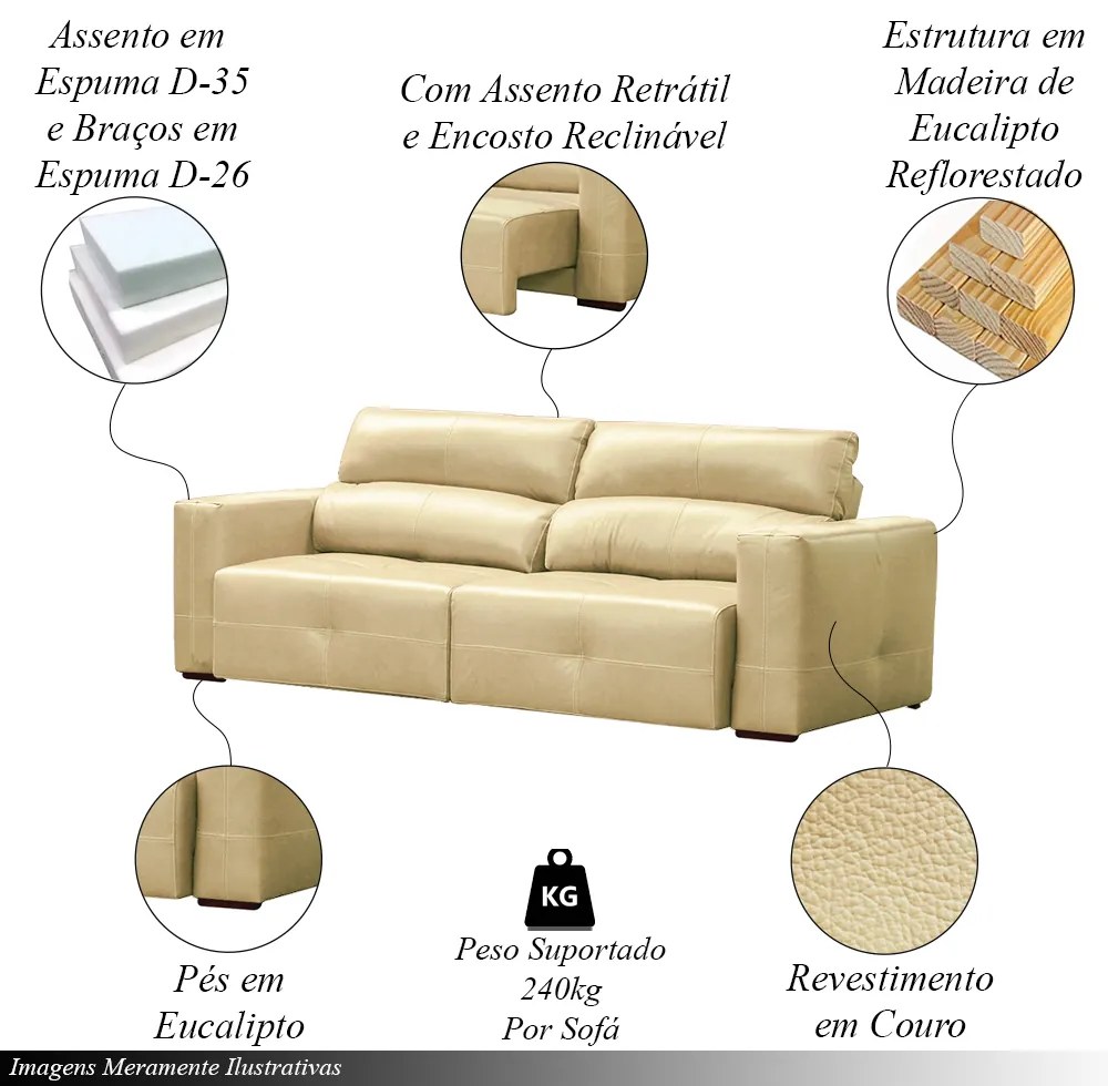 Sofá Decorativo Monica 3 Lugares Sala de estar 252cm Reclinável e Retrátil Couro Creme G40 - Gran Belo