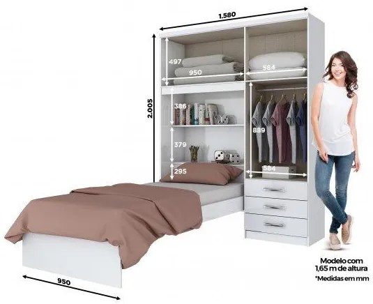 Guarda Roupa Cravo 4 Portas Com Cama Solteiro Embutida Branco