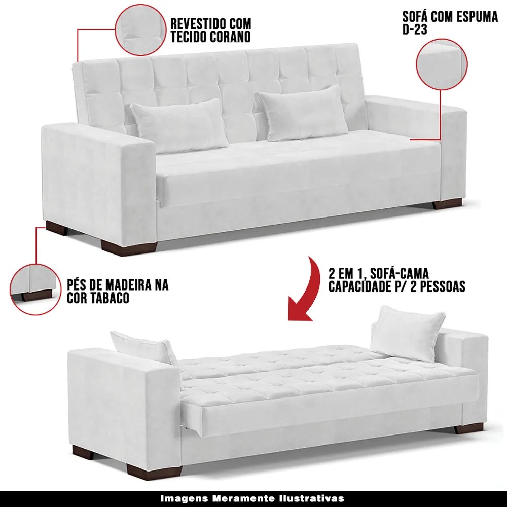 Sofá Cama Decorativo 210cm Beesley Pu Branco Brilho G19 - Gran Belo