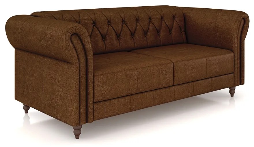 Sofá Living Sala de Estar Stanford Chesterfield 2 Lugares 220cm Pés de Madeira Couro Marrom Manchado G58 - Gran Belo