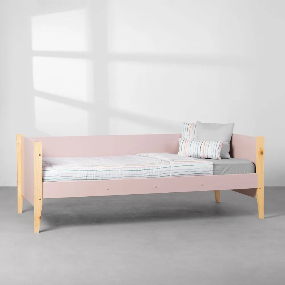 Cama Sofá Noah com Pés Natural - Rosa Fosco