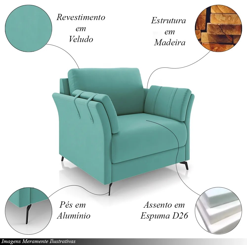 Kit 2 Poltronas Decorativas Violet Pés em Alumínio Preto Veludo Azul Turqueza G45 - Gran Belo