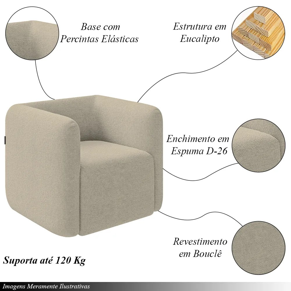 Kit 2 Poltronas Decorativas Sala de Estar Trinidad Base Fixa Bouclê Bege G33 - Gran Belo