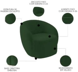 Poltrona para Sala de Estar Giratória Orgânica Garbin Z08 Veludo Verde