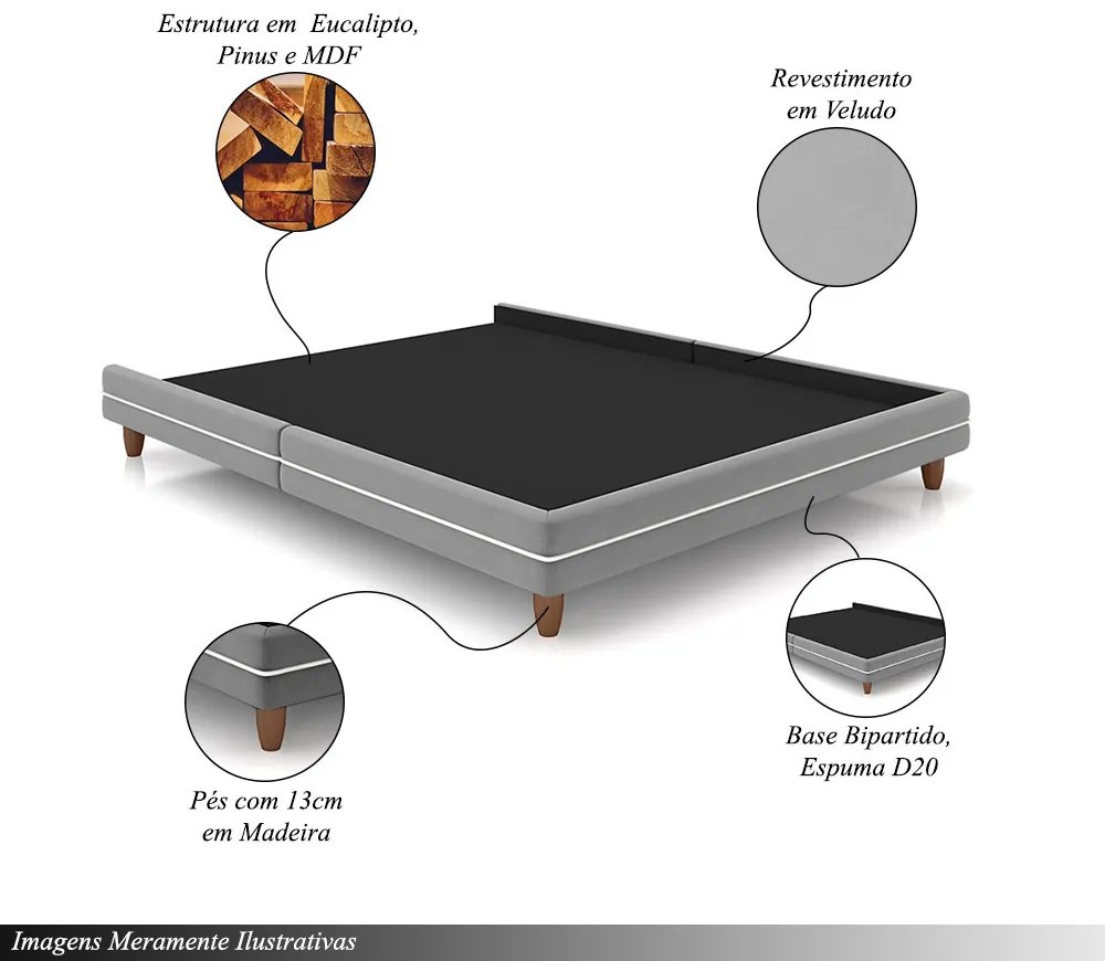 Cama Avulsa para Colchão Casal Torres Pés em Madeira Veludo Cinza G91 - Gran Belo