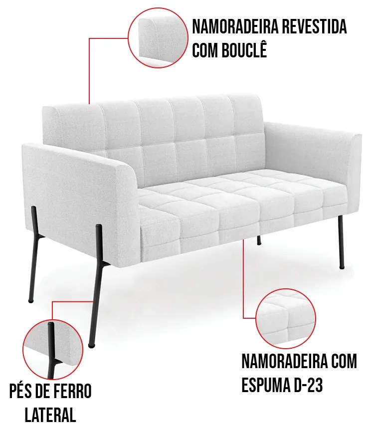 Namoradeira e 2 Poltronas Pé de Ferro Pto Elisa Bouclê Off White D03 - D'Rossi