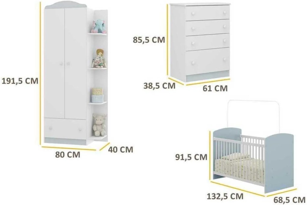 Quarto Infantil completo João e Maria Multimóveis Branco/Azul com Berço + Guarda roupas + cômoda Branco