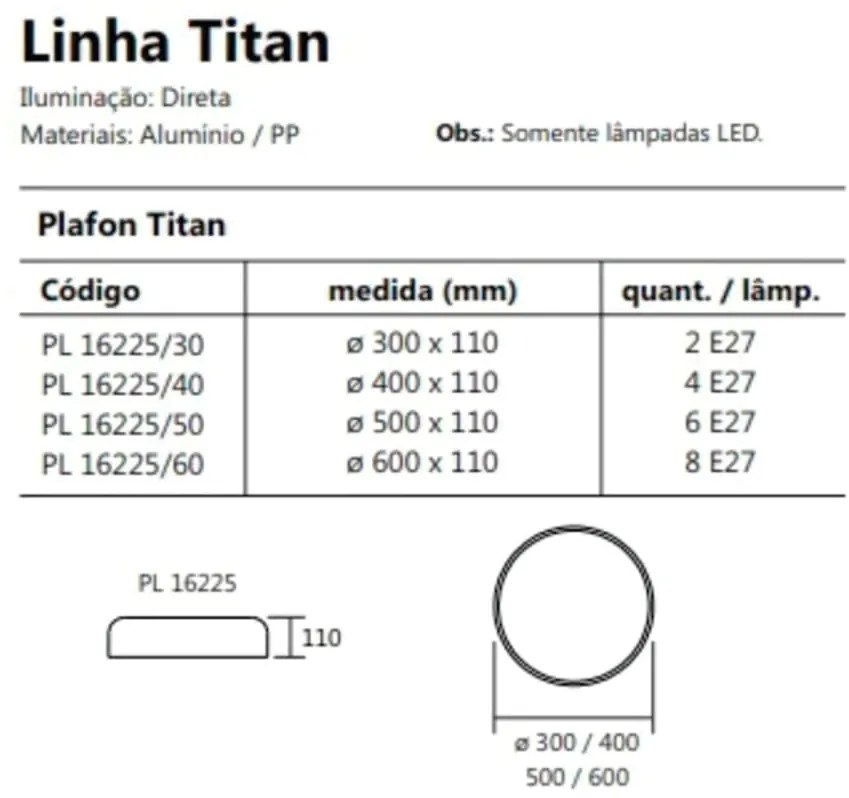 Plafon Titan Ø40X11Cm 4Xe27 Com Difusor Plano | Usina 16225/40 (BT - Branco Texturizado)