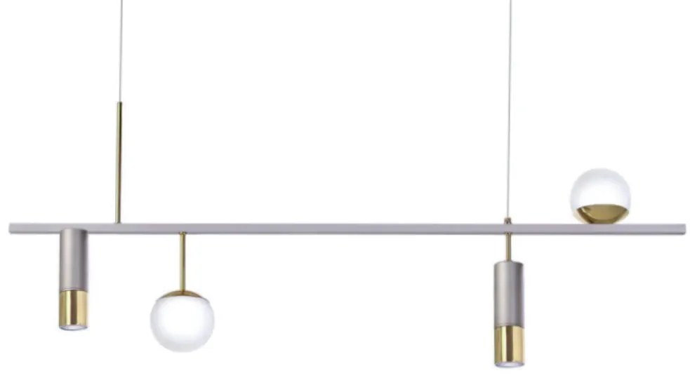 Pendente Retangular Misto 120X12X50Cm Tubo Metal E Globo Ø10Cm 02Xmr11... (CROMADO, FOSCO (BRANCO))