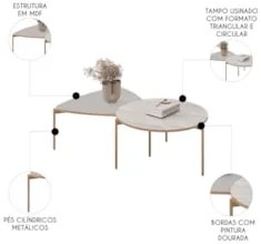 Mesa de Centro Para Sala Pés Metálicos Zira e Nala D04 Bali/Quartzo -