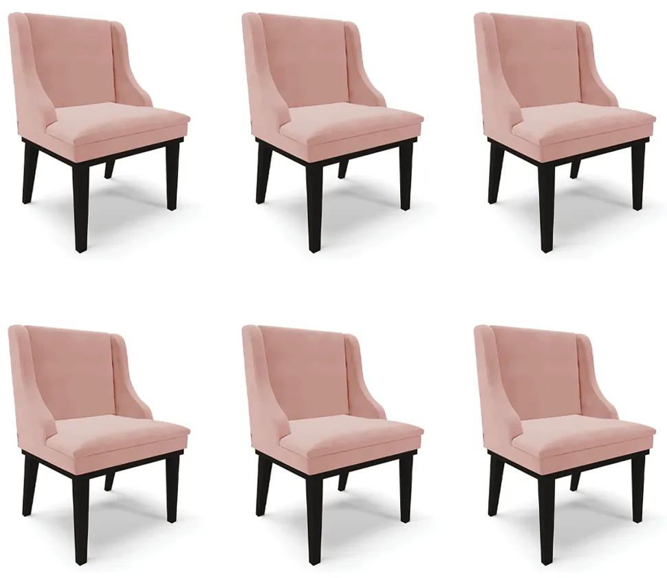 Kit 6 Cadeiras Decorativas Sala de Jantar Base Fixa de Madeira Firenze Veludo Rosê/Preto G19 - Gran Belo
