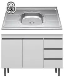 Balcão de Cozinha Com Pia Inox 100cm 3 Gavetas Andréia Branco - AJL Mó