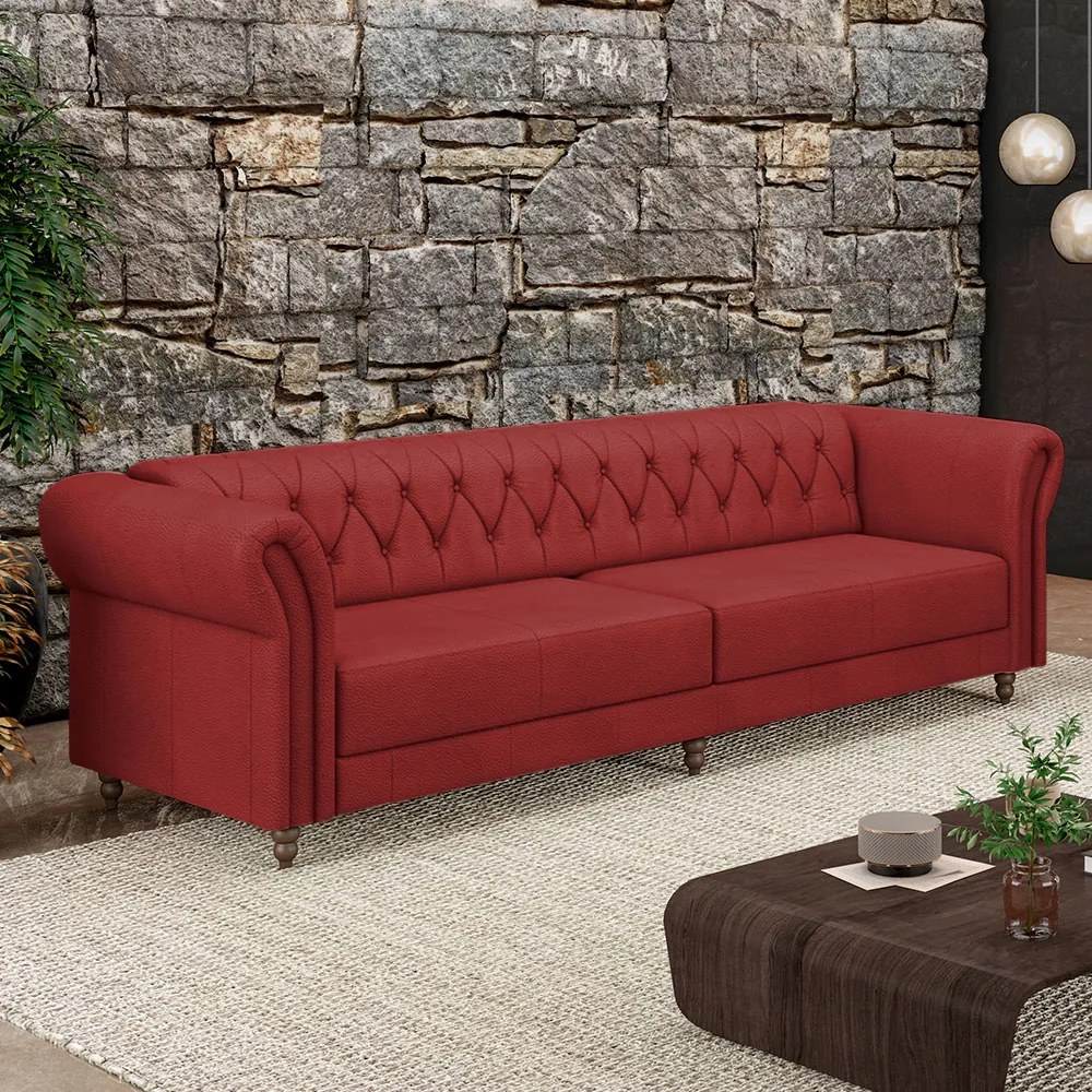 Sofá Living Sala de Estar Stanford Chesterfield 3 Lugares 240cm Pés de Madeira Couro Vermelho G58 - Gran Belo