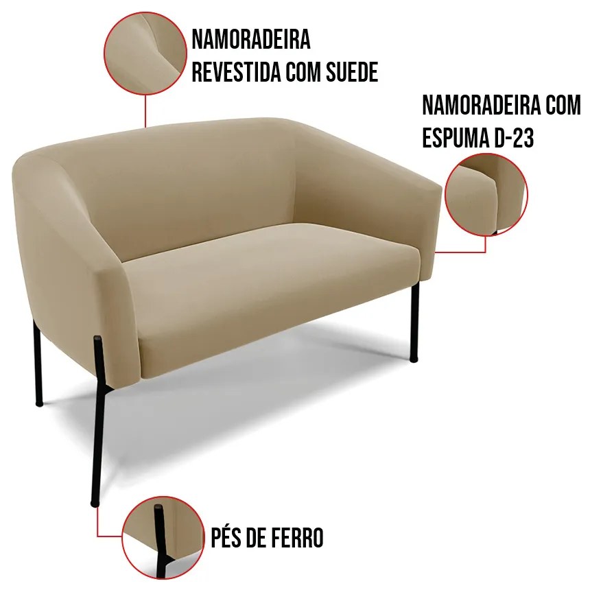 Sofá 2 Lugares Namoradeira Pé de Ferro Preto Stella Suede D03 - D'Rossi - Marrom Rato