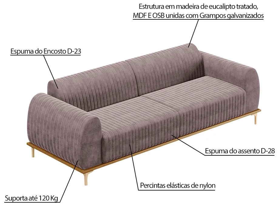 Conjunto Sofá 3 Lugares e Poltrona Base de Madeira Euro 300 cm Veludo Rosê G15 - Gran Belo