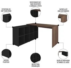 Mesa Escrivaninha em L Eron e Estante Livreiro Stela A06 Freijó/Preto