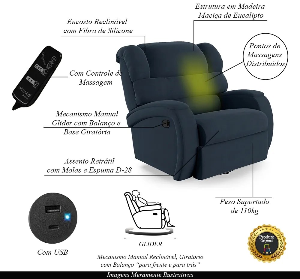 Poltrona do Papai Sala de Cinema Reclinável Kylie Glider Manual Giratória Massagem USB Veludo Azul G23