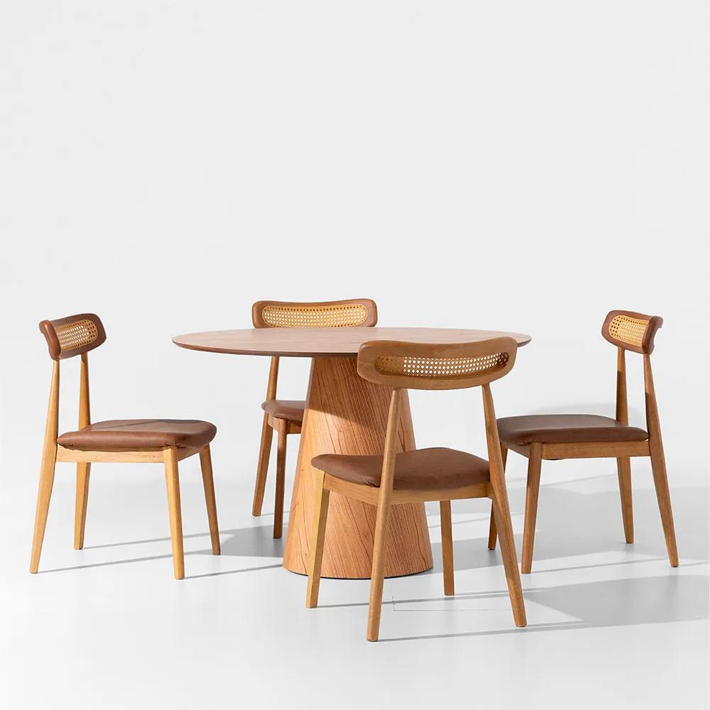 Conjunto Mesa de Jantar Dadi Orgânica Cinamomo - 1,20m + 4 Cadeiras Dalí Encosto Palha - Natural