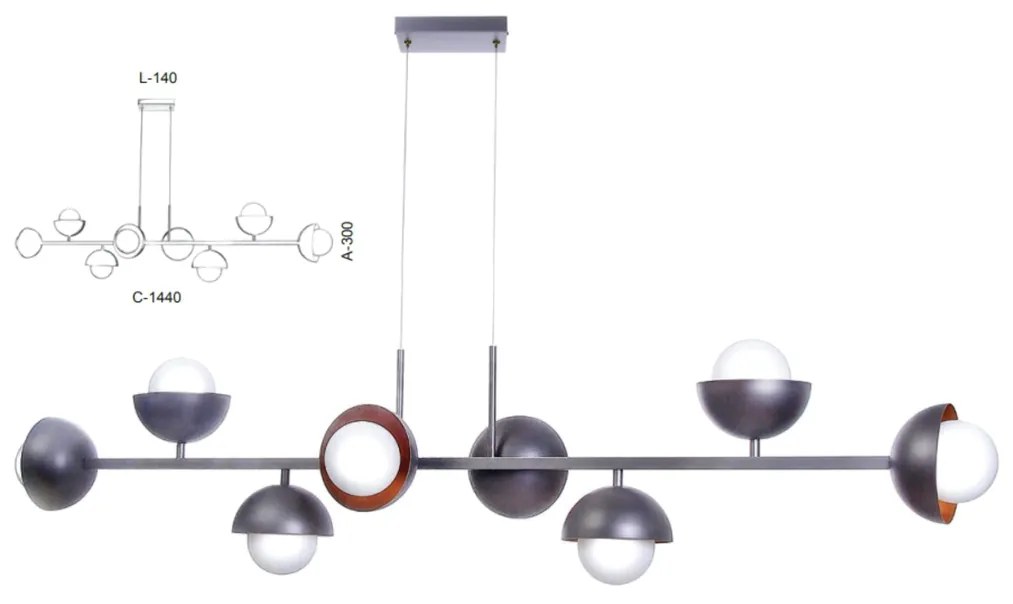 Pendente Retangular Cúpula 144X14X30Cm Metal E Globo Ø10Cm 08Xg9 |Old... (PRETO, FOSCO (BRANCO))