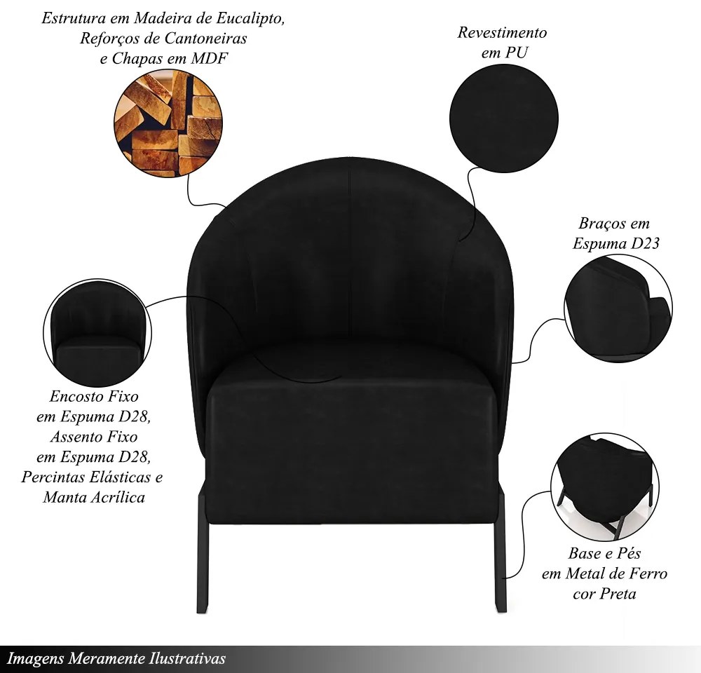 Kit 2 Poltronas Decorativa Sala de Estar Kenya Pés em Ferro Pu Preto G33 - Gran Belo